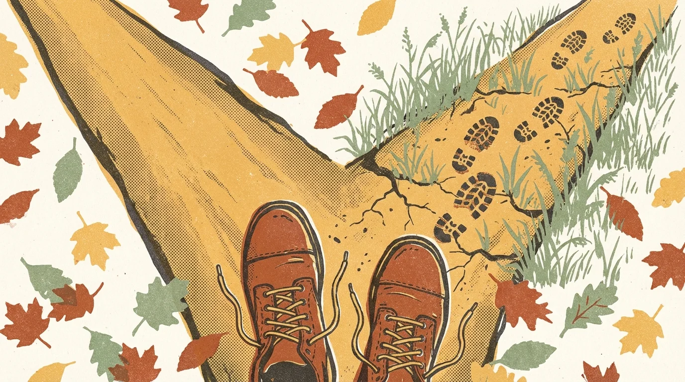 Worn boots at a fork in an autumn path with footprints leading down the overgrown road