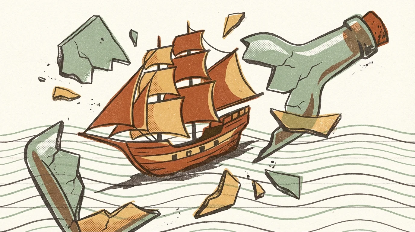 A ship sailing out of a cracked bottle onto open water, representing a feature breaking free to launch