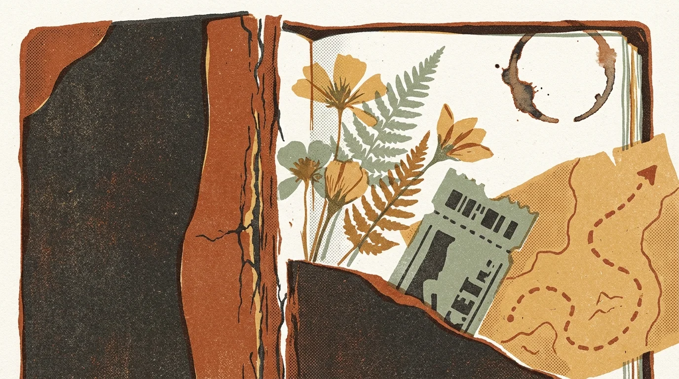 Open leather journal with pressed flowers, train ticket, and hand-drawn map spilling from the pages